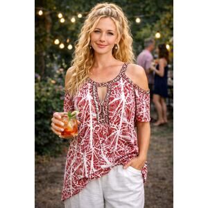 Free People Good Morning Embellished Tunic Top Printed Cold Shoulder M